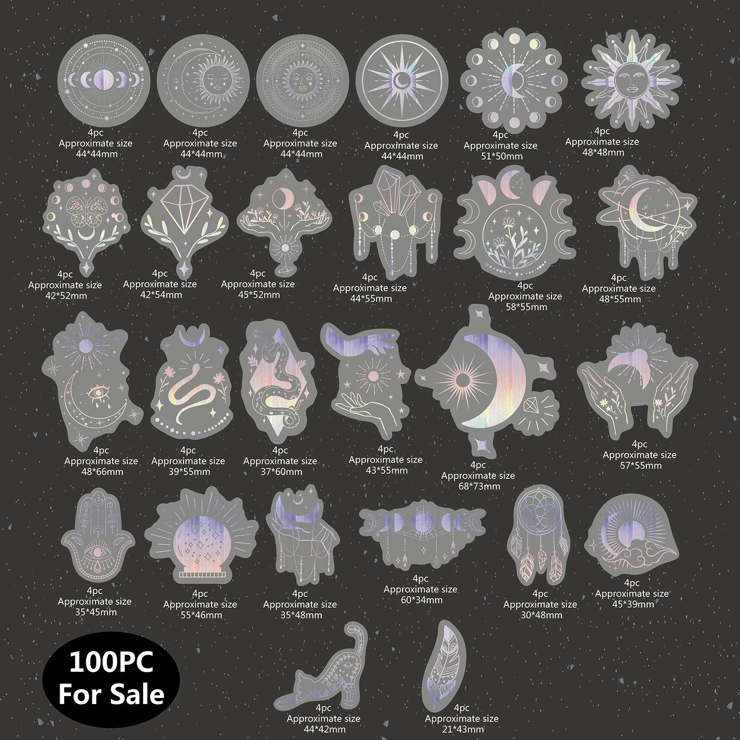 100 pcs Laser Silver Stickers Waterproof Transparent PET Adhesive Sticker Label, The Bohemian Style: Moon, SUN, Diamond, Feather-3
