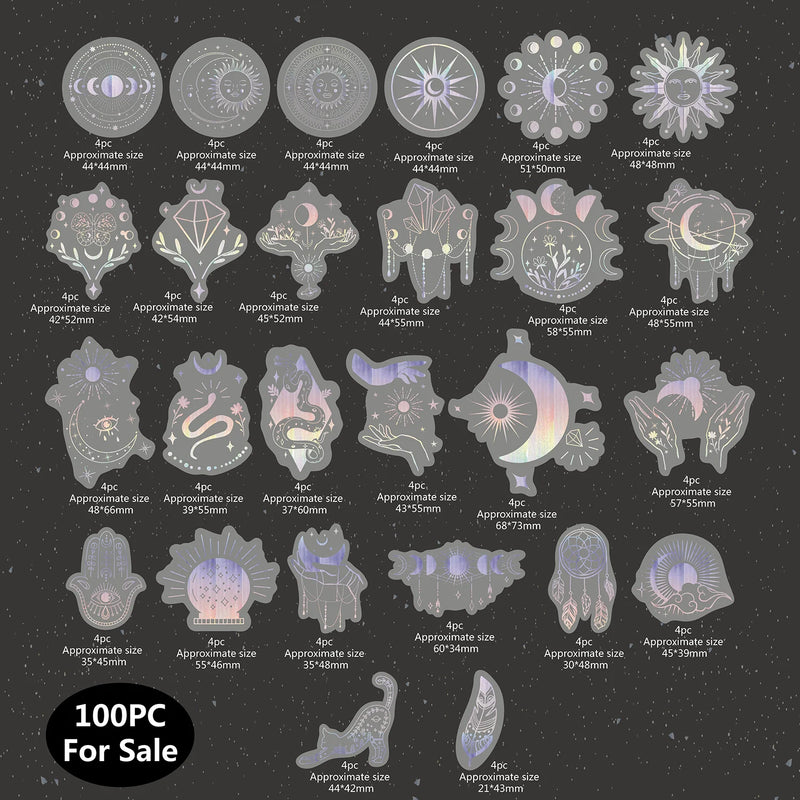 100 pcs Laser Silver Stickers Waterproof Transparent PET Adhesive Sticker Label, The Bohemian Style: Moon, SUN, Diamond, Feather-zoom-