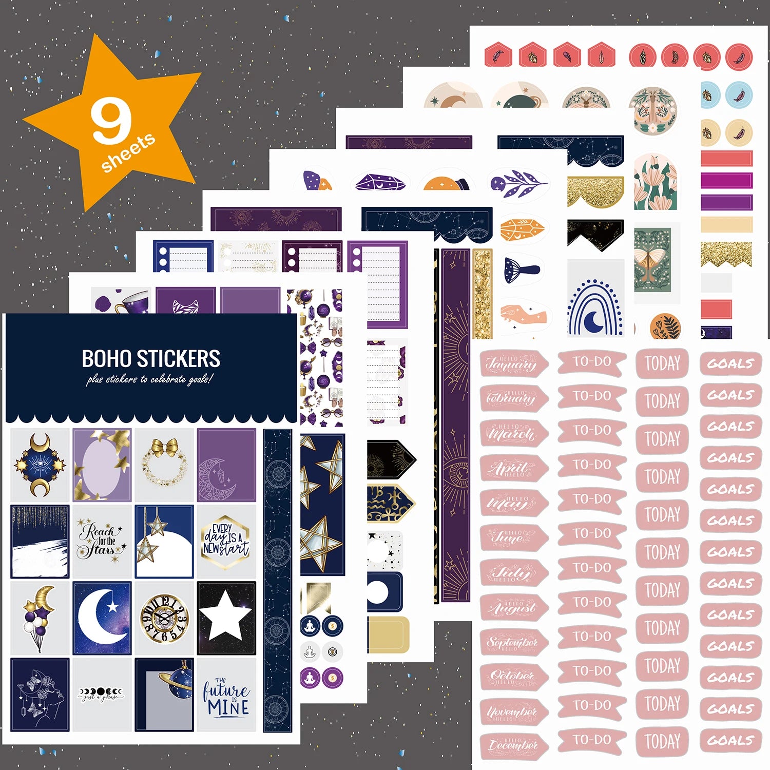 9 Bögen BOHO Sticker Mystery-Serie für Bullet Journals, Planer und Notizbücher. Plus roségoldener Sticker zum Feiern von Zielen-1