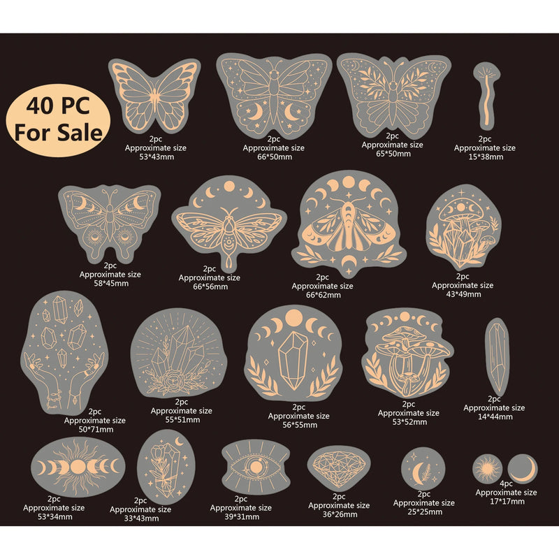 40pcs Rose Gold Stickers Transparent PET Mysterious Butterfly; Moon; Mushroom; Diamond; Sun; Magic Wand DIY Decoration Series-zoom-