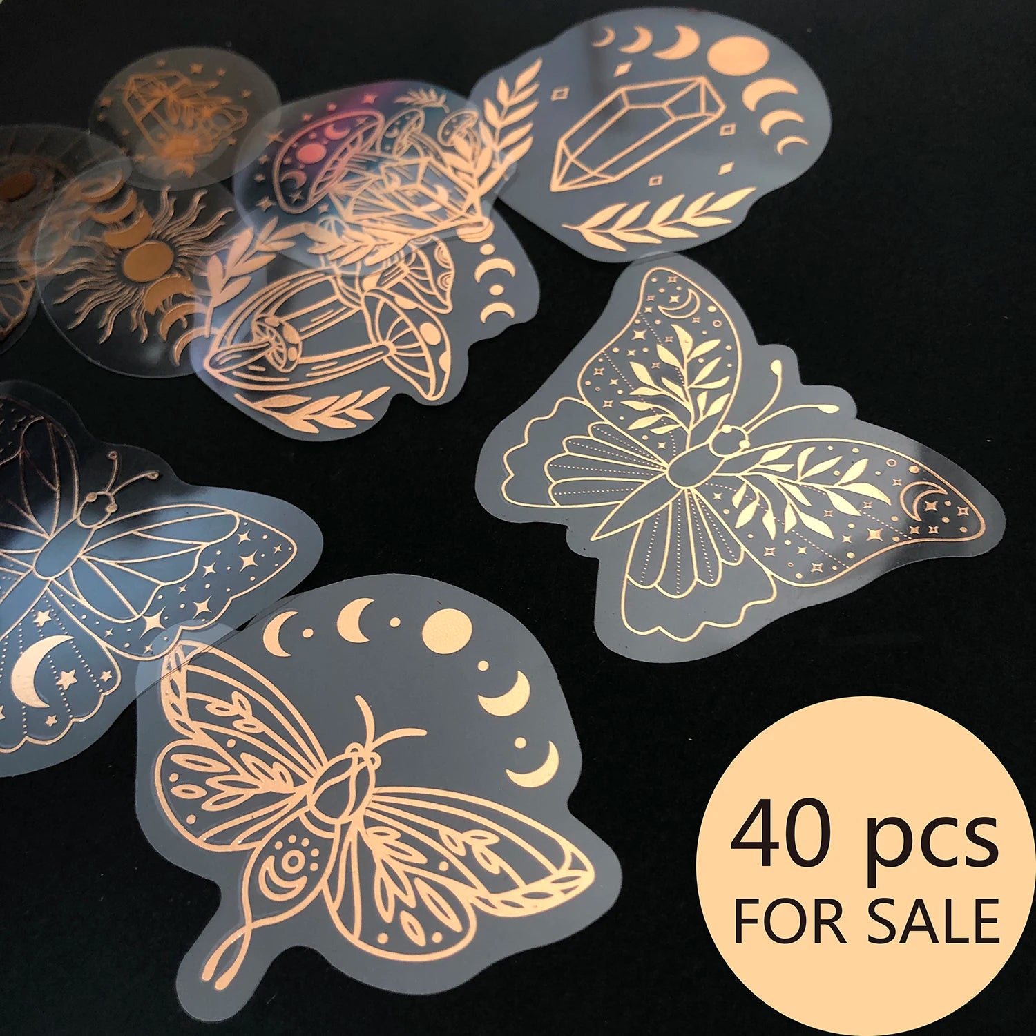 40pcs Rose Gold Stickers Transparent PET Mysterious Butterfly; Moon; Mushroom; Diamond; Sun; Magic Wand DIY Decoration Series-zoom-1