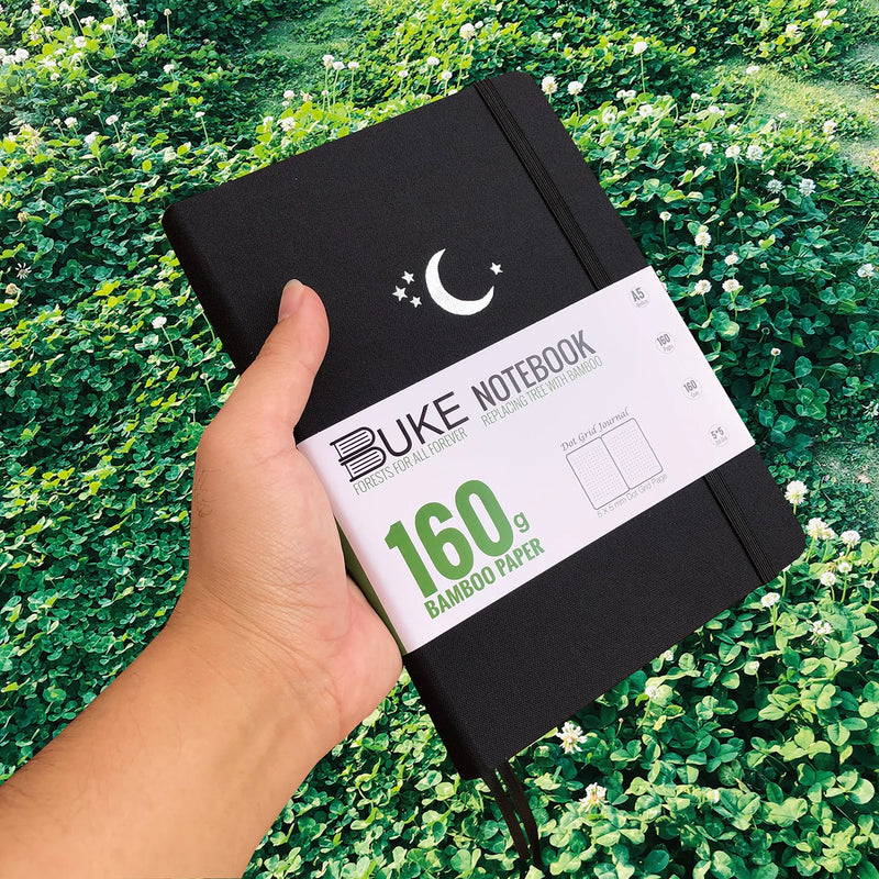 160GSM Bamboo Paper Bullet Dotted Journal Sketchbook Black Fabric Hardcover A5 Size,160 Pages 5x5mm DOT-GRID MOON Stars-zoom-