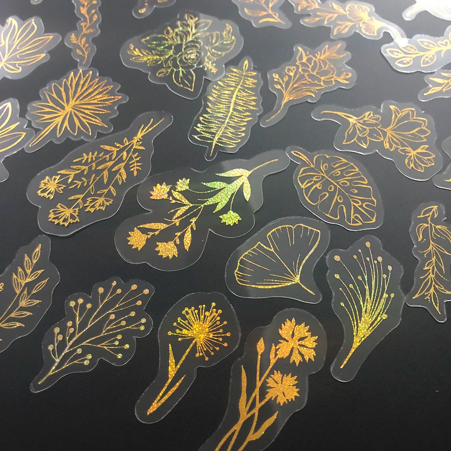 80 Pcs Glitter Gold Stickers Plant Flower,Waterproof Transparent Decorative Decals, PET Adhesive Sticker Label-zoom-1