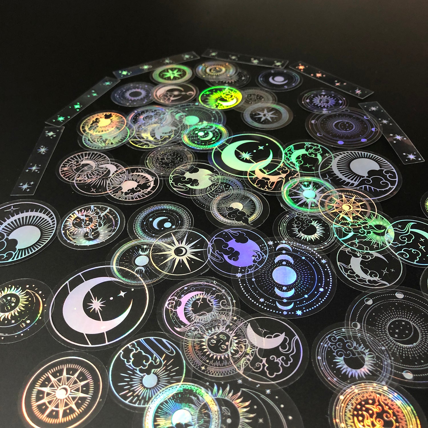 70 pcs PET Adhesive Stickers Waterproof Transparent Laser Silver Stickers Label: SUN MOON Stars etc-zoom-12