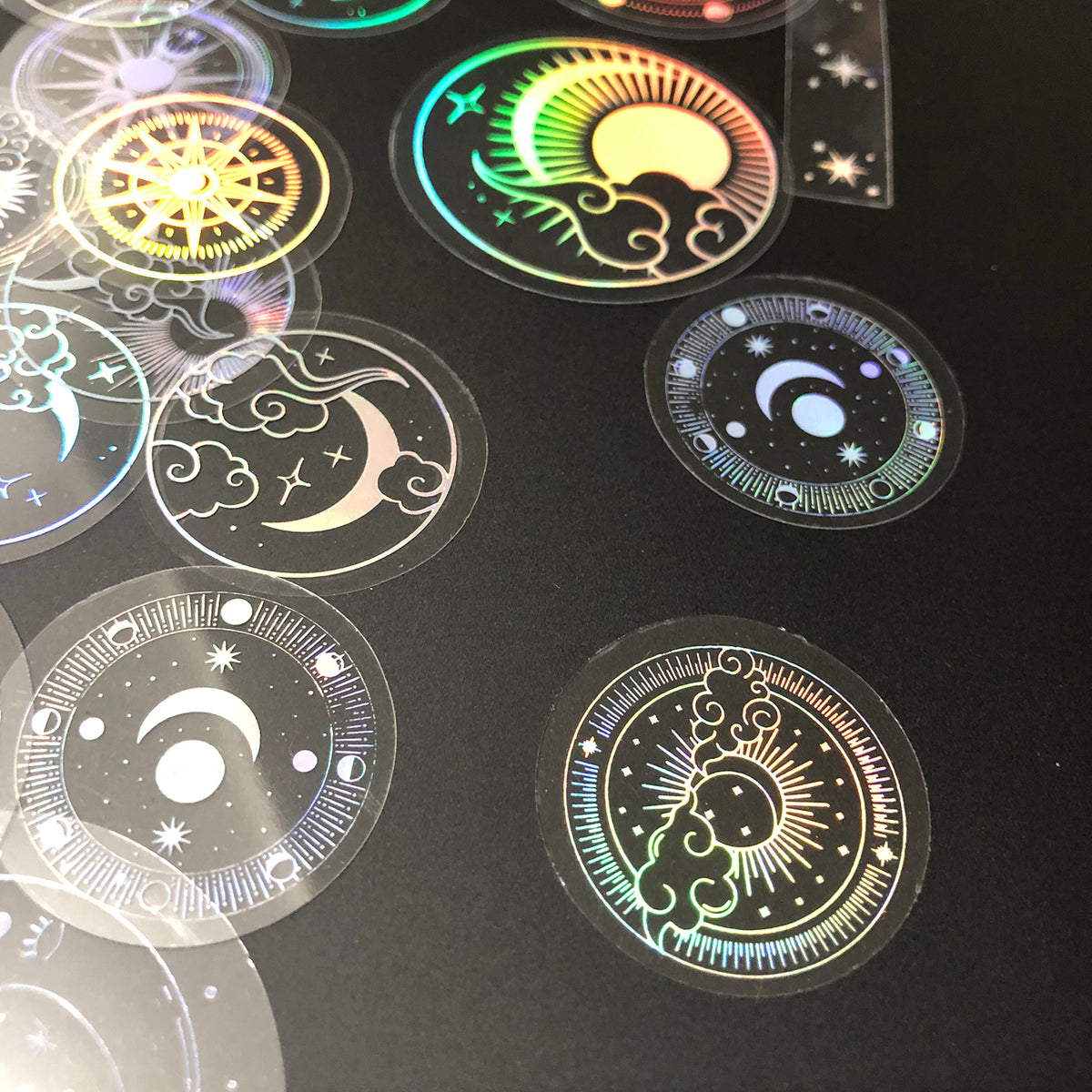 70 pcs PET Adhesive Stickers Waterproof Transparent Laser Silver Stickers Label: SUN MOON Stars etc