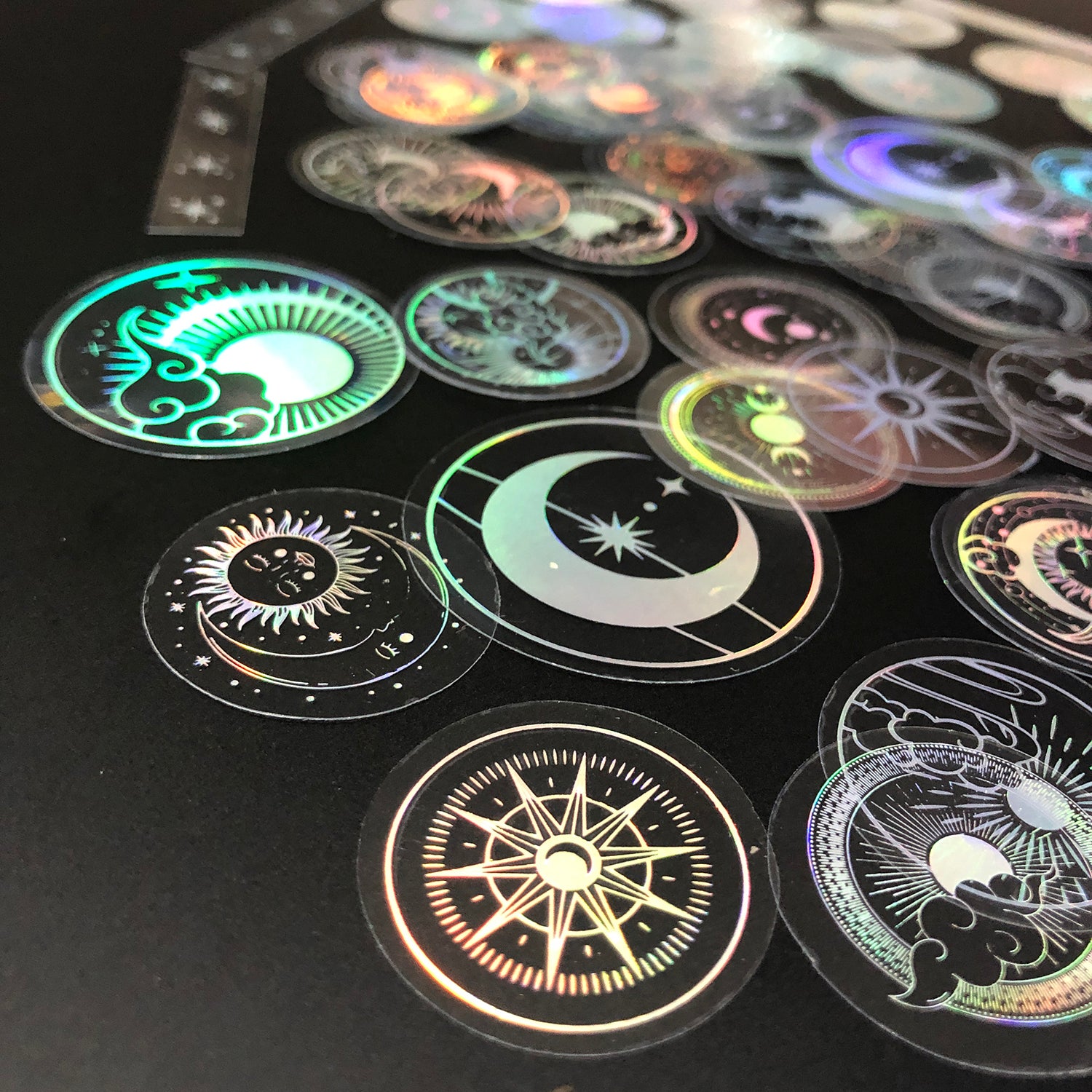 70 pcs PET Adhesive Stickers Waterproof Transparent Laser Silver Stickers Label: SUN MOON Stars etc-14