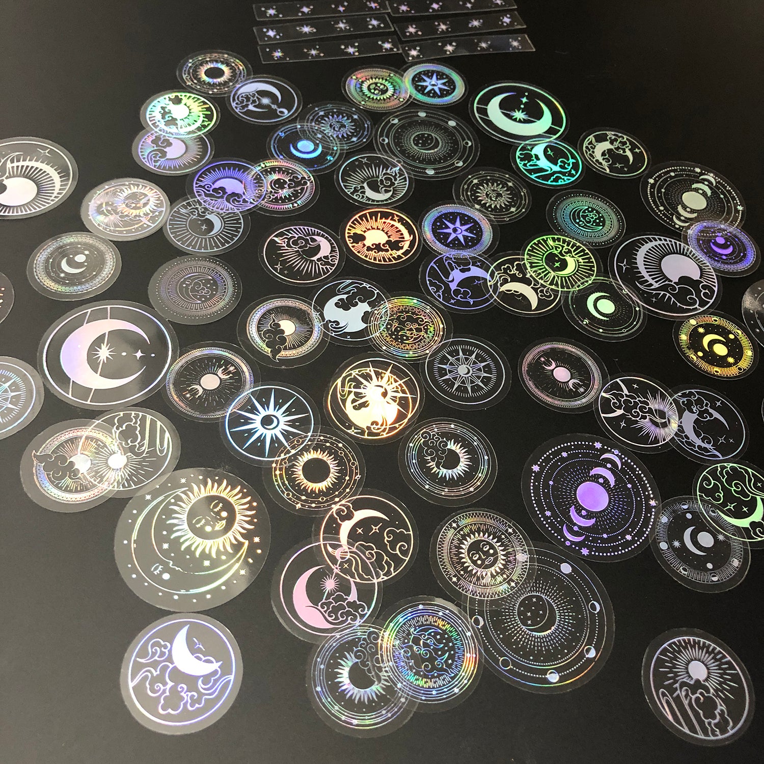 70 pcs PET Adhesive Stickers Waterproof Transparent Laser Silver Stickers Label: SUN MOON Stars etc-4