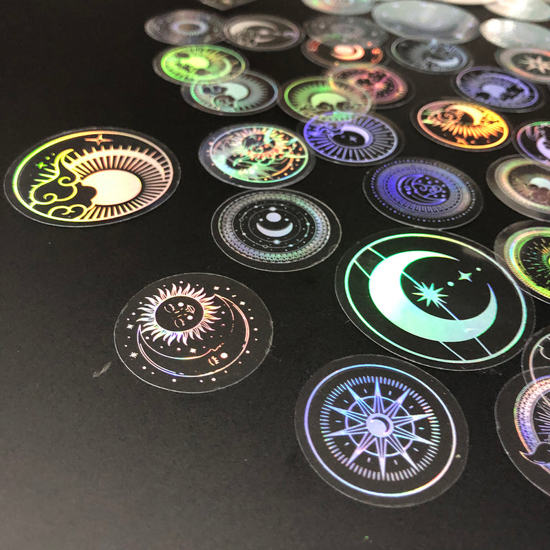 70 pcs PET Adhesive Stickers Waterproof Transparent Laser Silver Stickers Label: SUN MOON Stars etc-zoom-