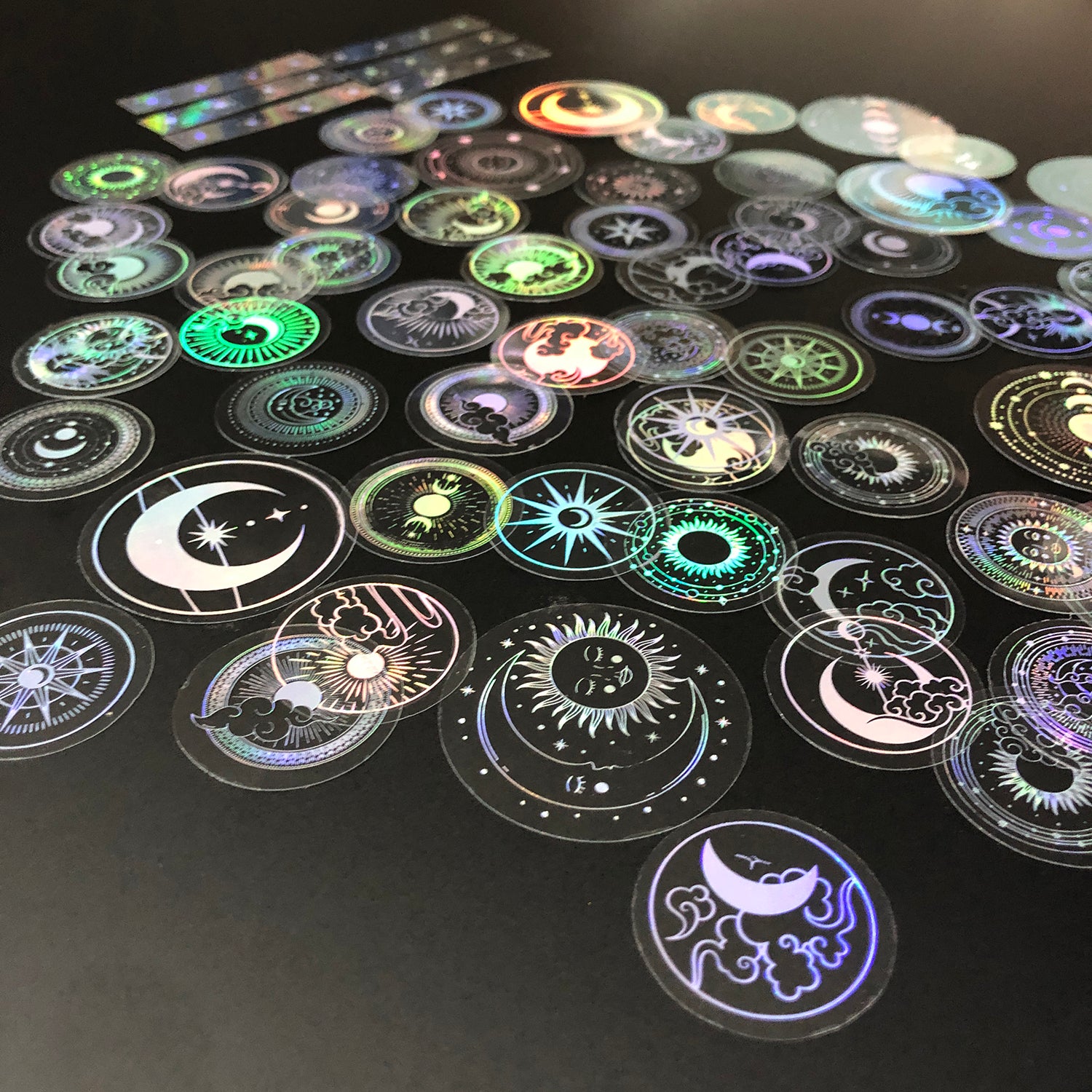 70 pcs PET Adhesive Stickers Waterproof Transparent Laser Silver Stickers Label: SUN MOON Stars etc-zoom-6