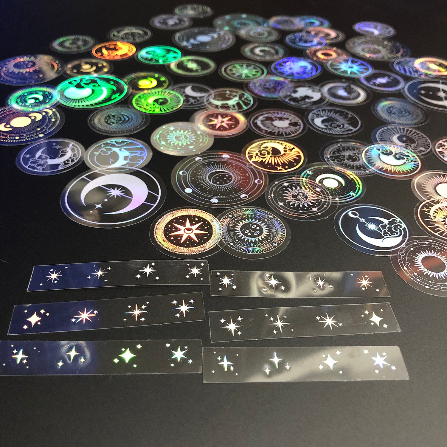 70 pcs PET Adhesive Stickers Waterproof Transparent Laser Silver Stickers Label: SUN MOON Stars etc-zoom-7