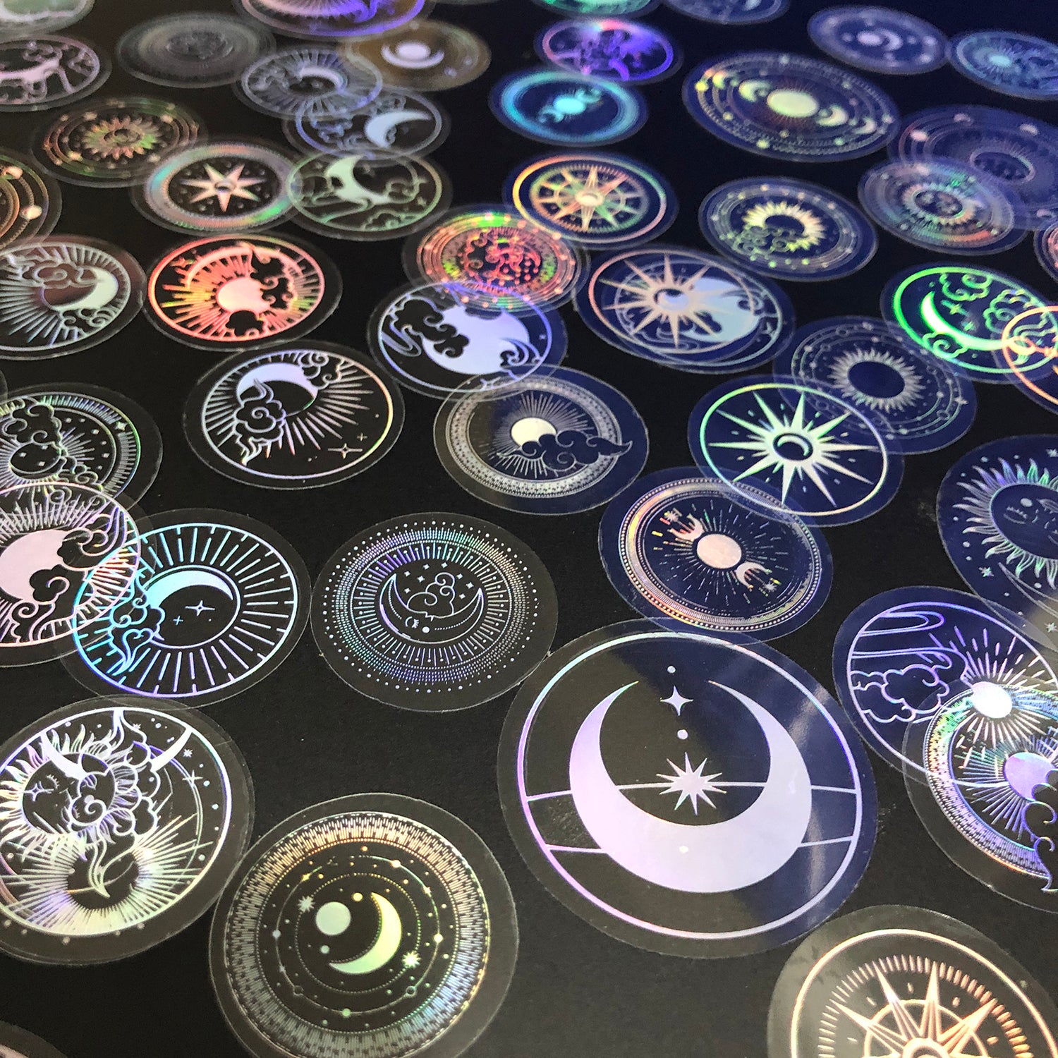 70 pcs PET Adhesive Stickers Waterproof Transparent Laser Silver Stickers Label: SUN MOON Stars etc-zoom-9