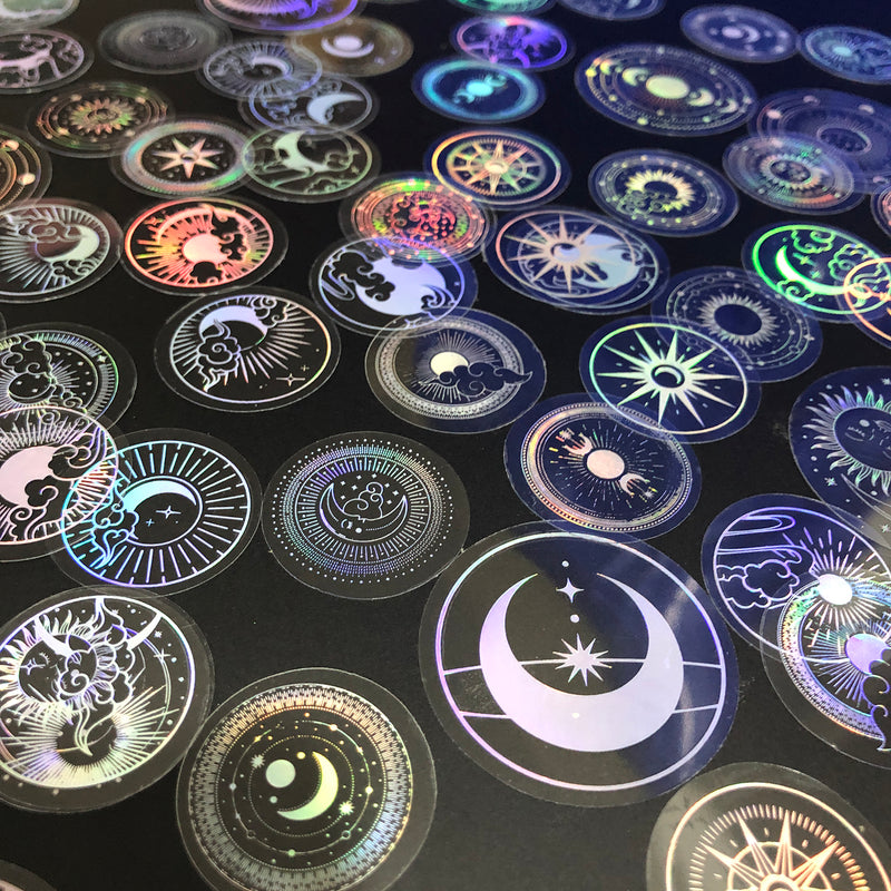 70 pcs PET Adhesive Stickers Waterproof Transparent Laser Silver Stickers Label: SUN MOON Stars etc-zoom-