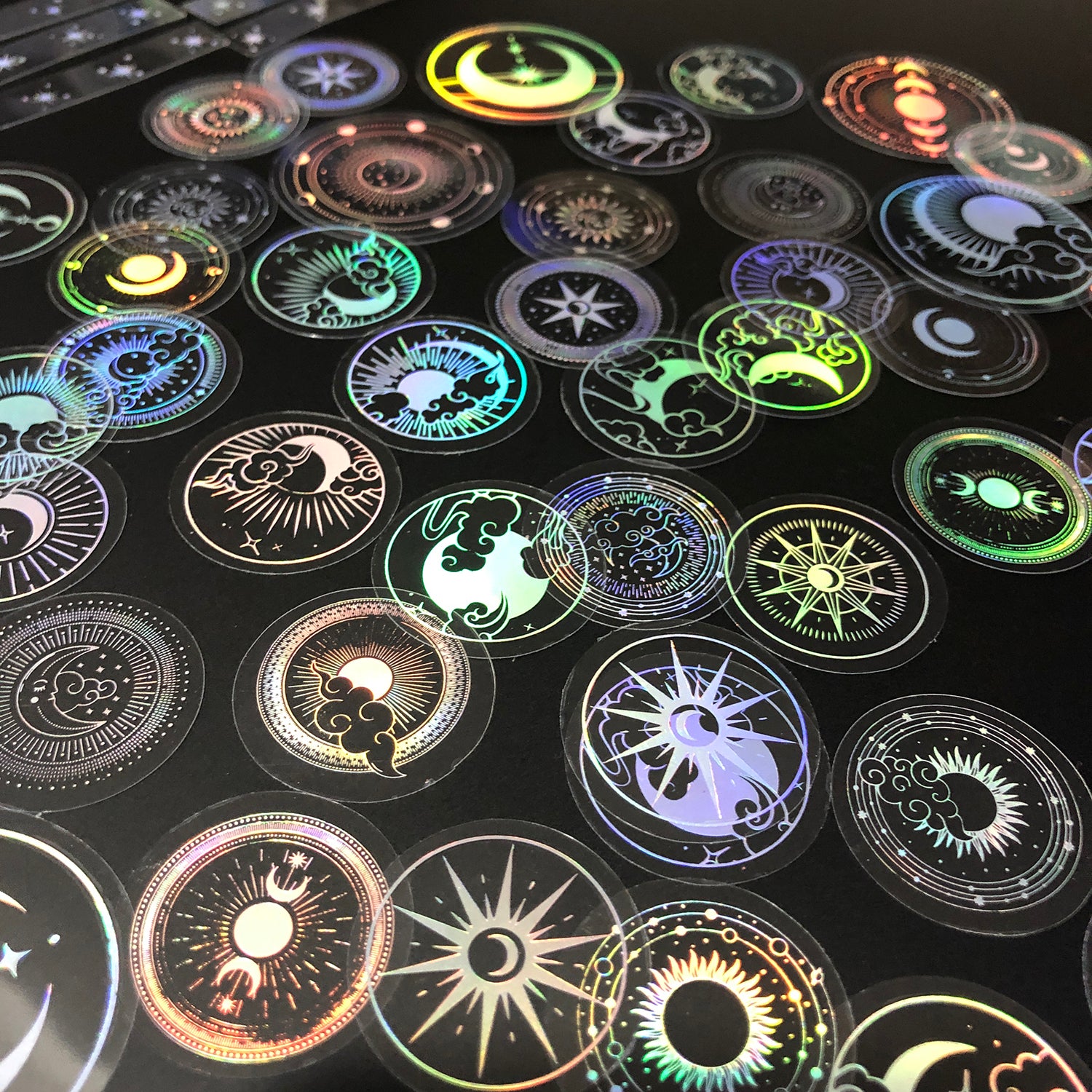 70 pcs PET Adhesive Stickers Waterproof Transparent Laser Silver Stickers Label: SUN MOON Stars etc-zoom-2