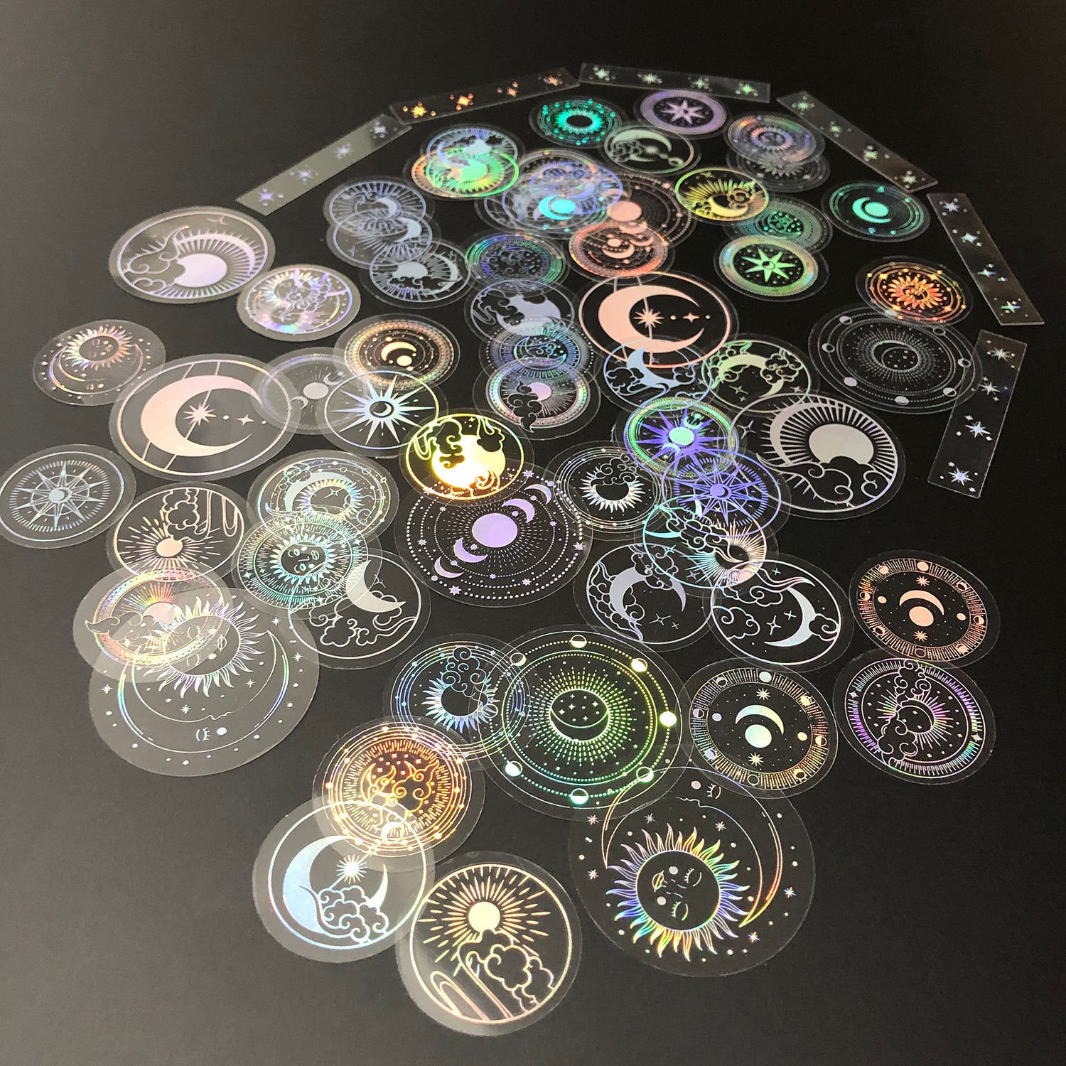 70 pcs PET Adhesive Stickers Waterproof Transparent Laser Silver Stickers Label: SUN MOON Stars etc-10