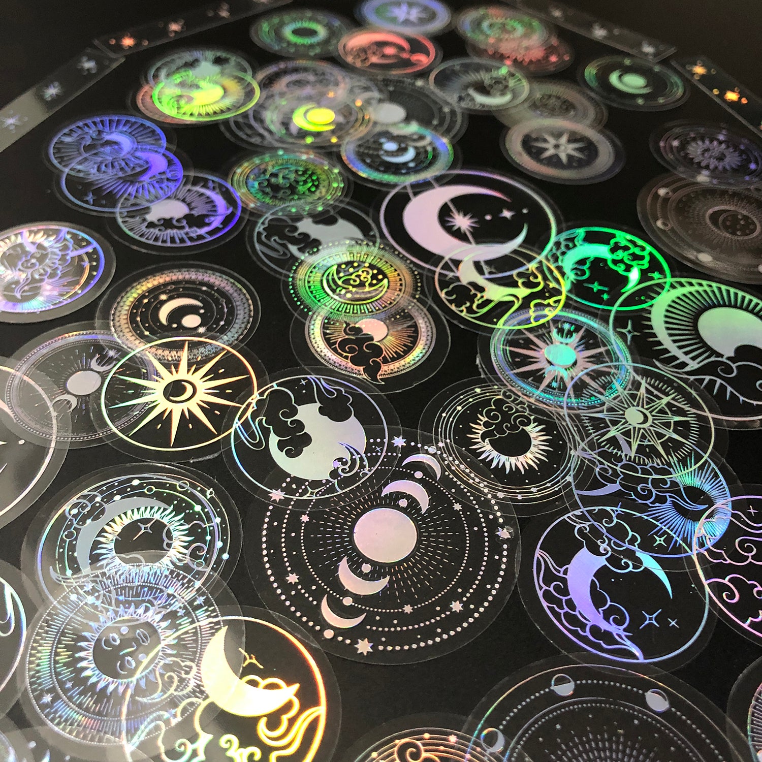 70 pcs PET Adhesive Stickers Waterproof Transparent Laser Silver Stickers Label: SUN MOON Stars etc-zoom-11