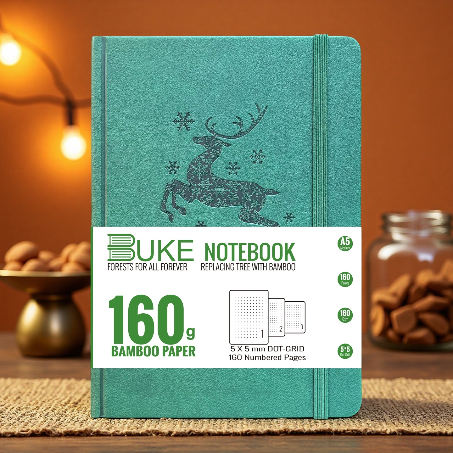 A5 Dot Grid Notebook Teal Green PU Journal with Embossed Reindeer Cover-zoom-1