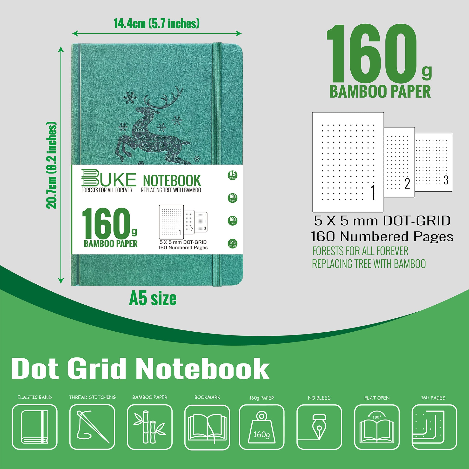 A5 Dot Grid Notebook Teal Green PU Journal with Embossed Reindeer Cover-5