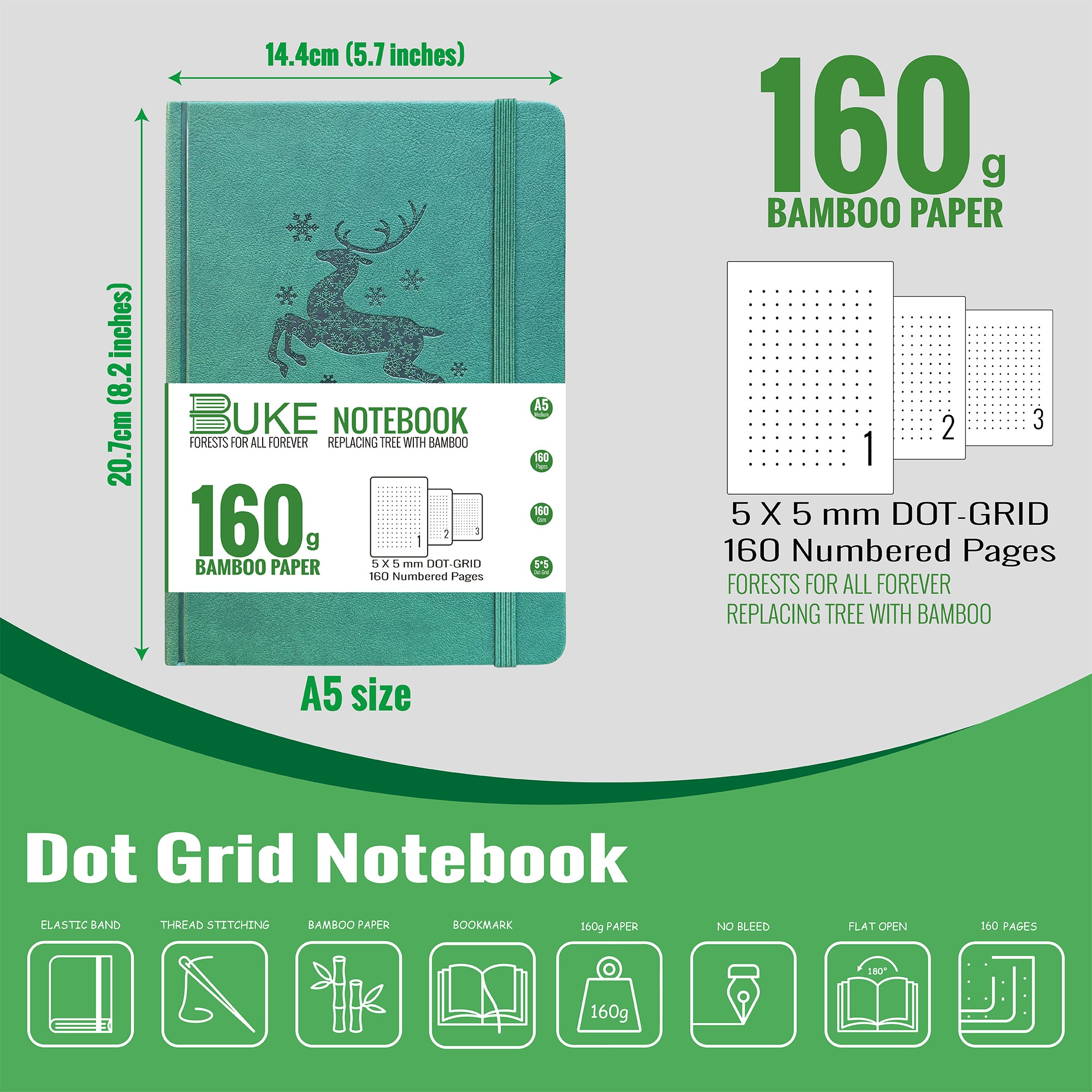 A5 Dot Grid Notebook Teal Green PU Journal with Embossed Reindeer Cover-zoom-5