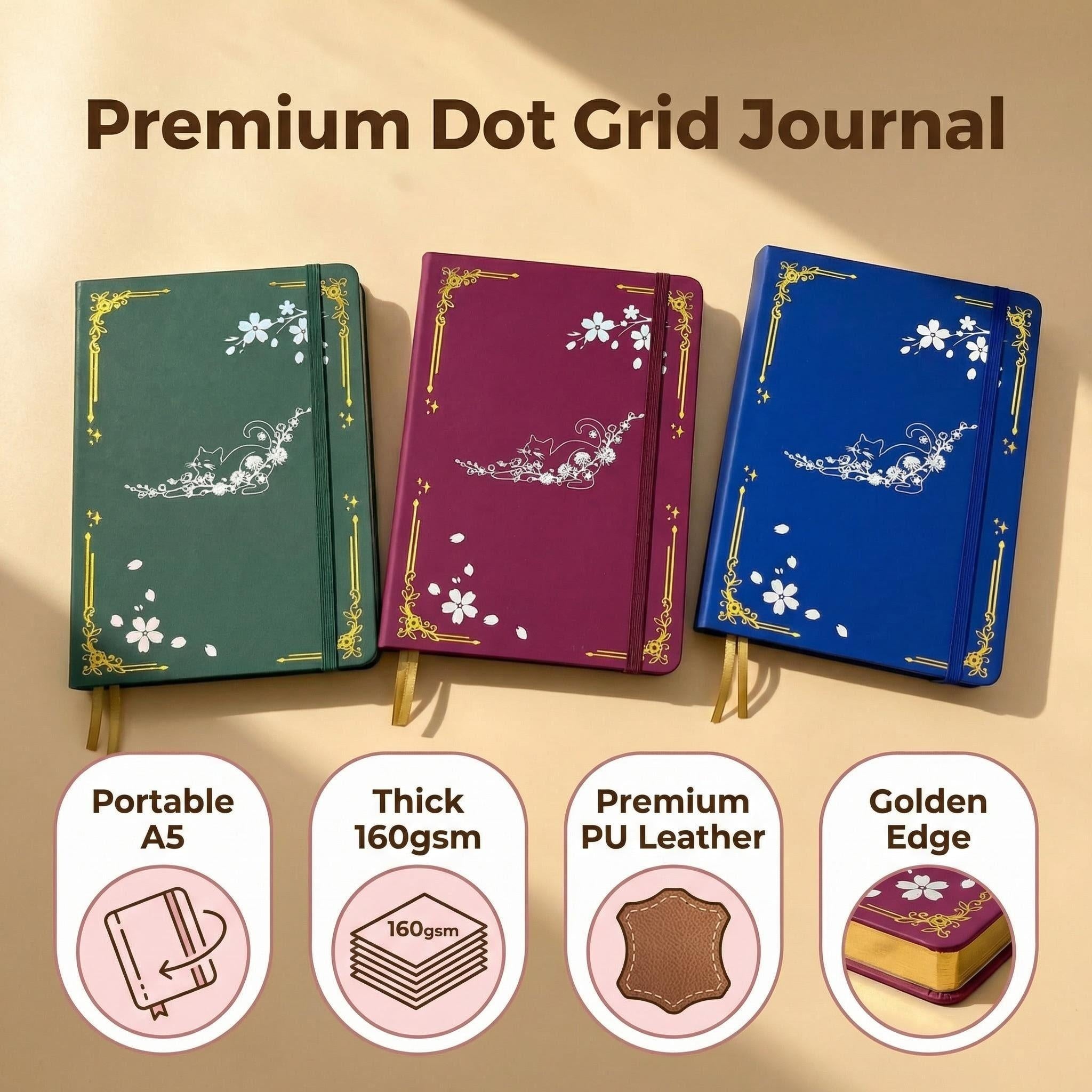 A5 Cat & Cherry Blossom Dot Grid Journal with Gold Gilded Edges, 160gsm Paper-zoom-1