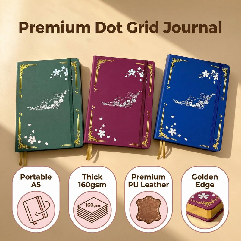 A5 Cat & Cherry Blossom Dot Grid Journal with Gold Gilded Edges, 160gsm Paper-zoom-