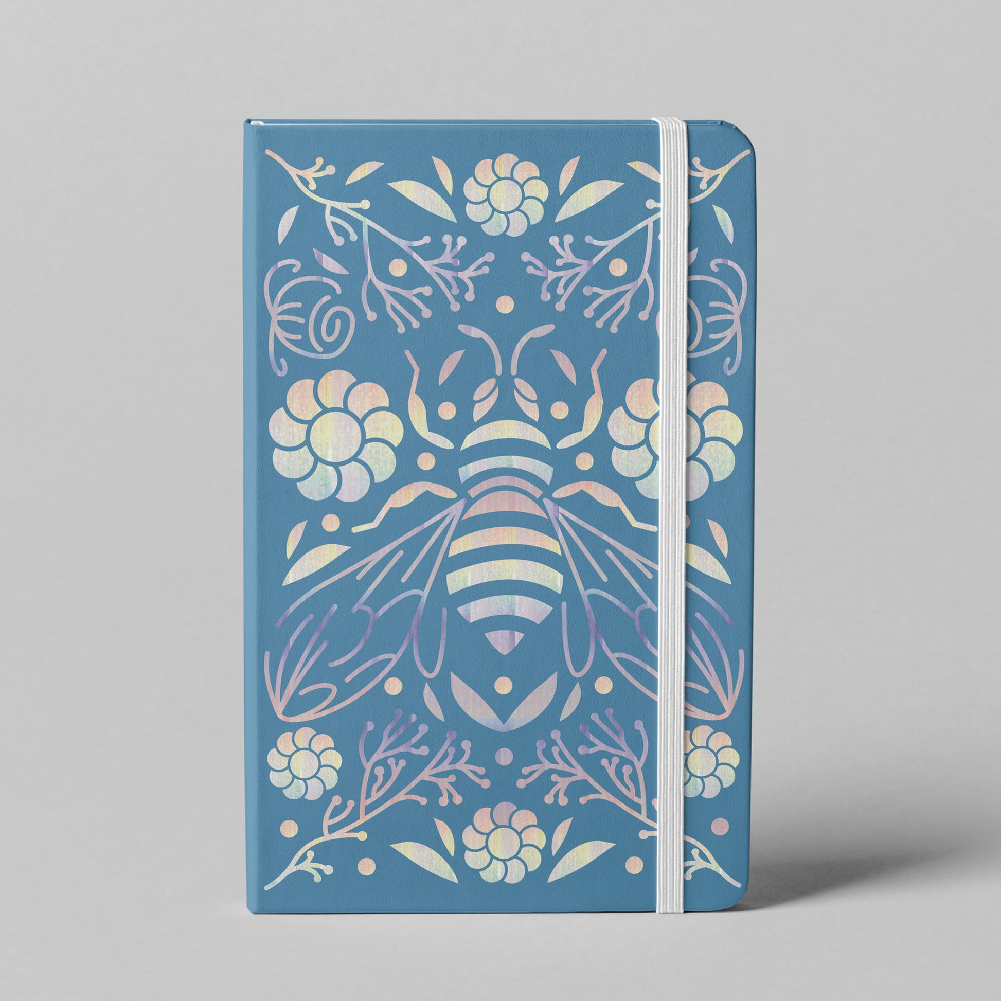 Turquoise bee floral notebook with iridescent cover design