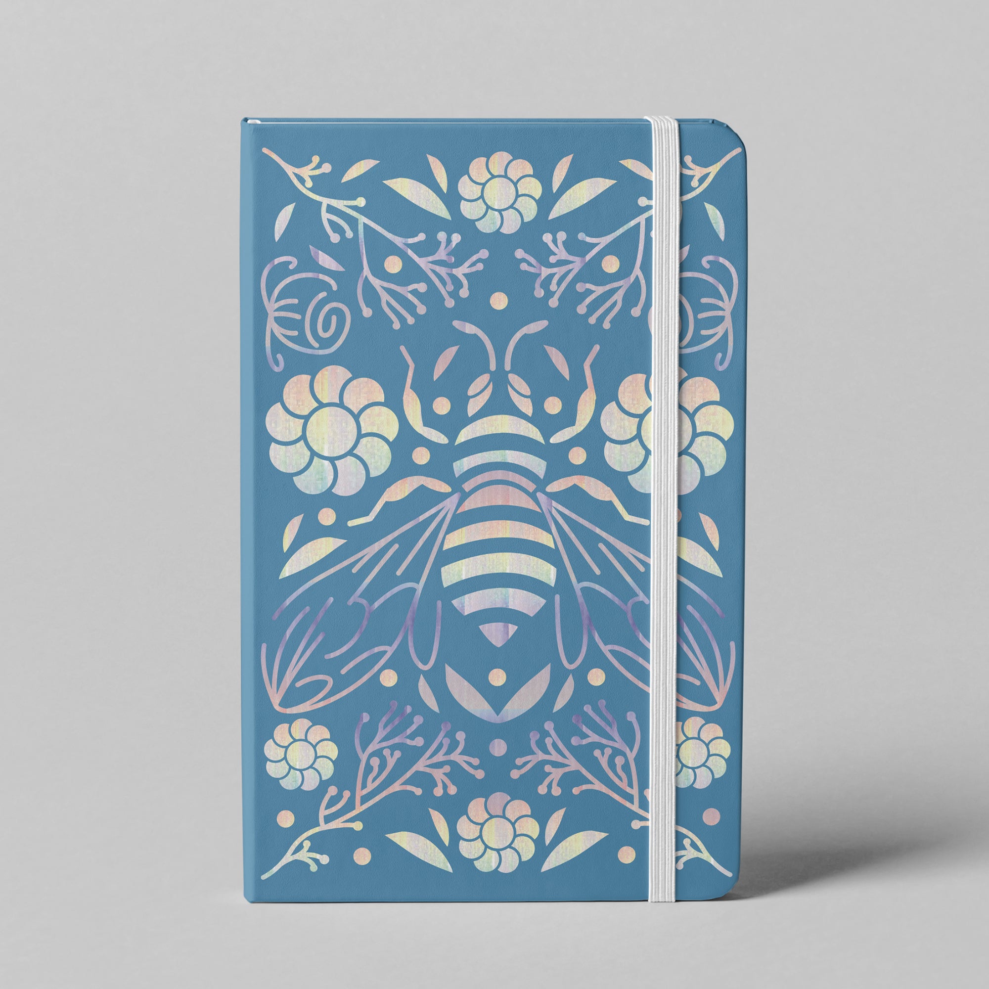 Turquoise bee floral notebook with iridescent cover design