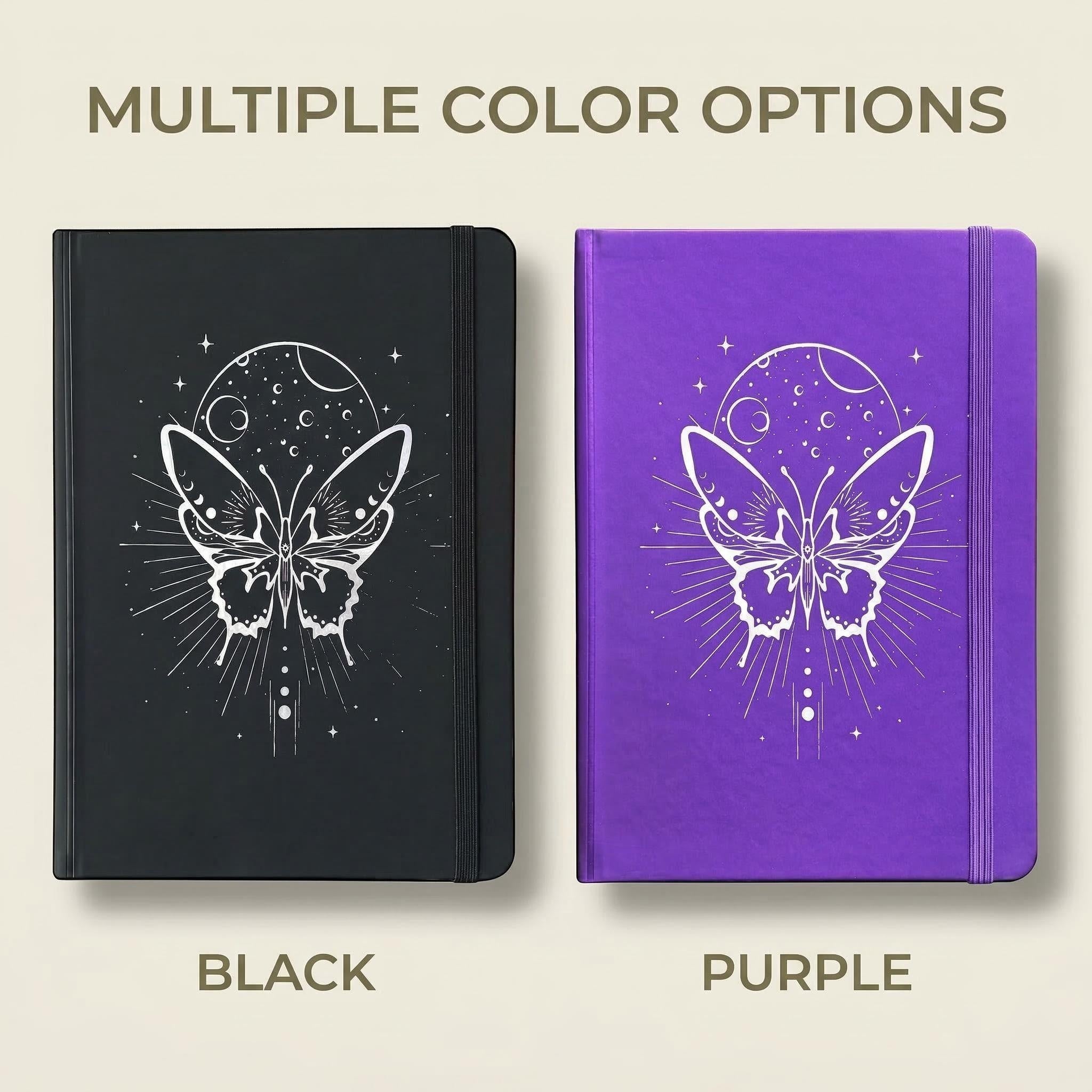 A5 celestial butterfly dot grid journal available in black and purple