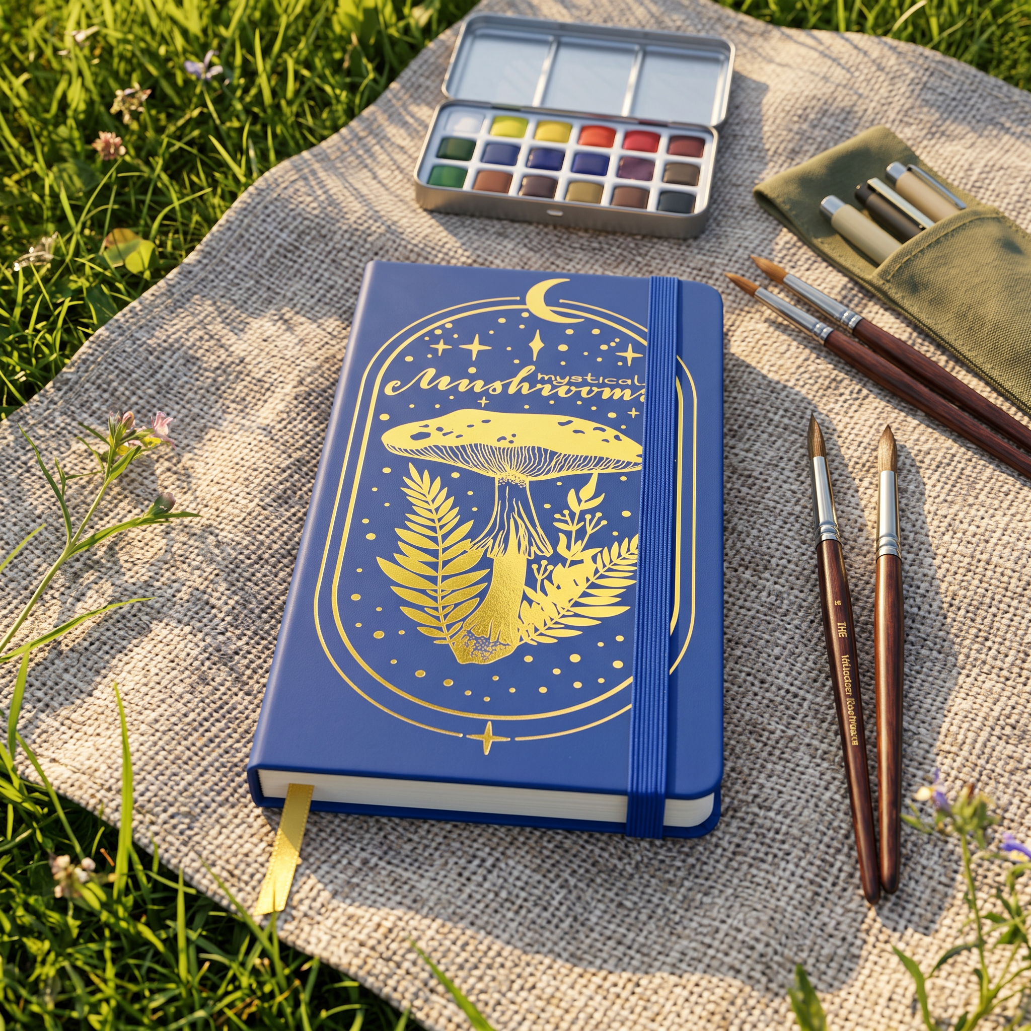 Royal blue B6 mushroom dot grid notebook in an outdoor creative scene