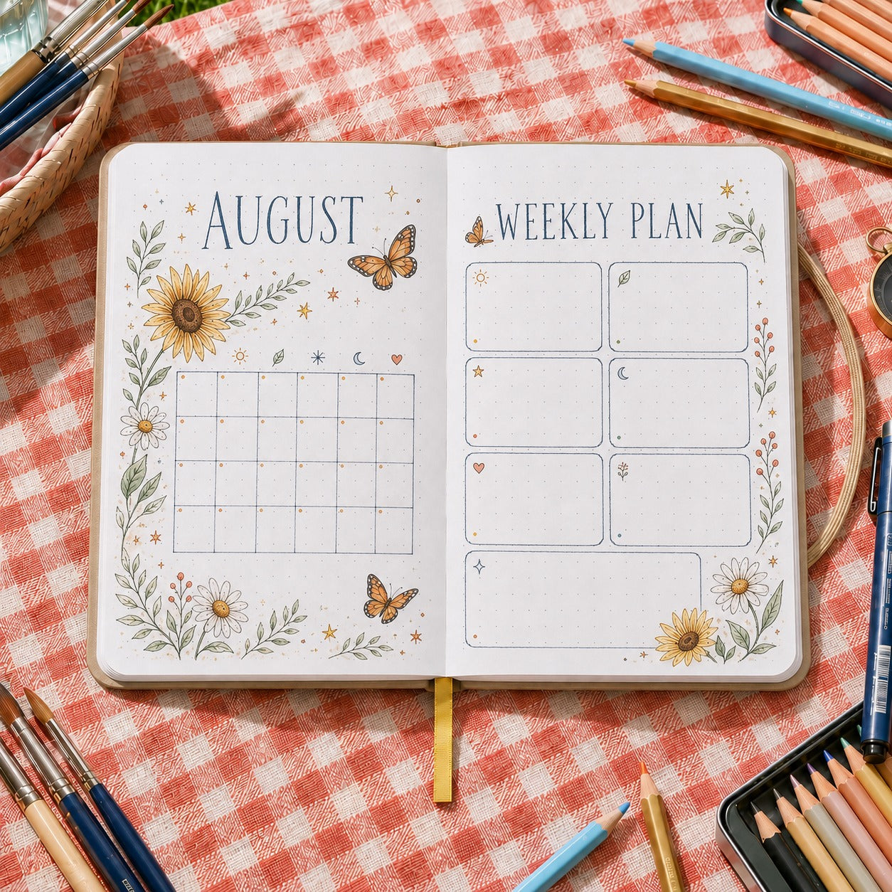 Floral weekly planning layout example on dot grid pages