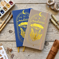 Blue and warm taupe B6 mystical mushroom dot grid notebooks