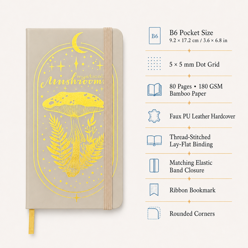B6 Pocket Mystical Mushroom Dot Grid Notebook – 180 GSM Bamboo Paper-zoom-