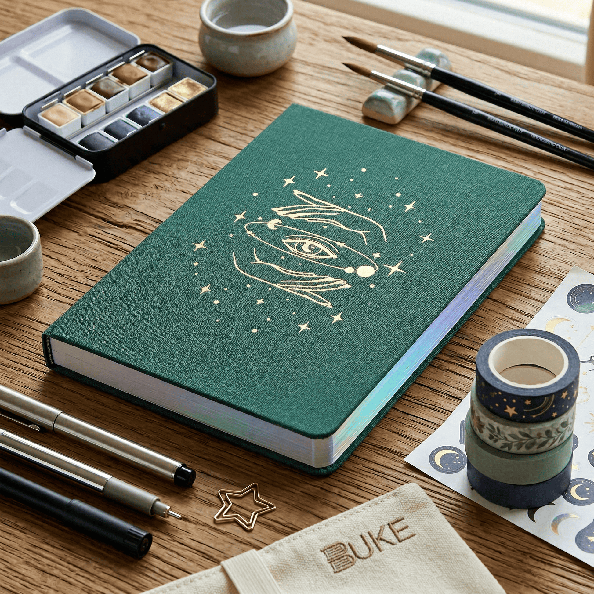 Army green journal with laser silver edge and elastic band