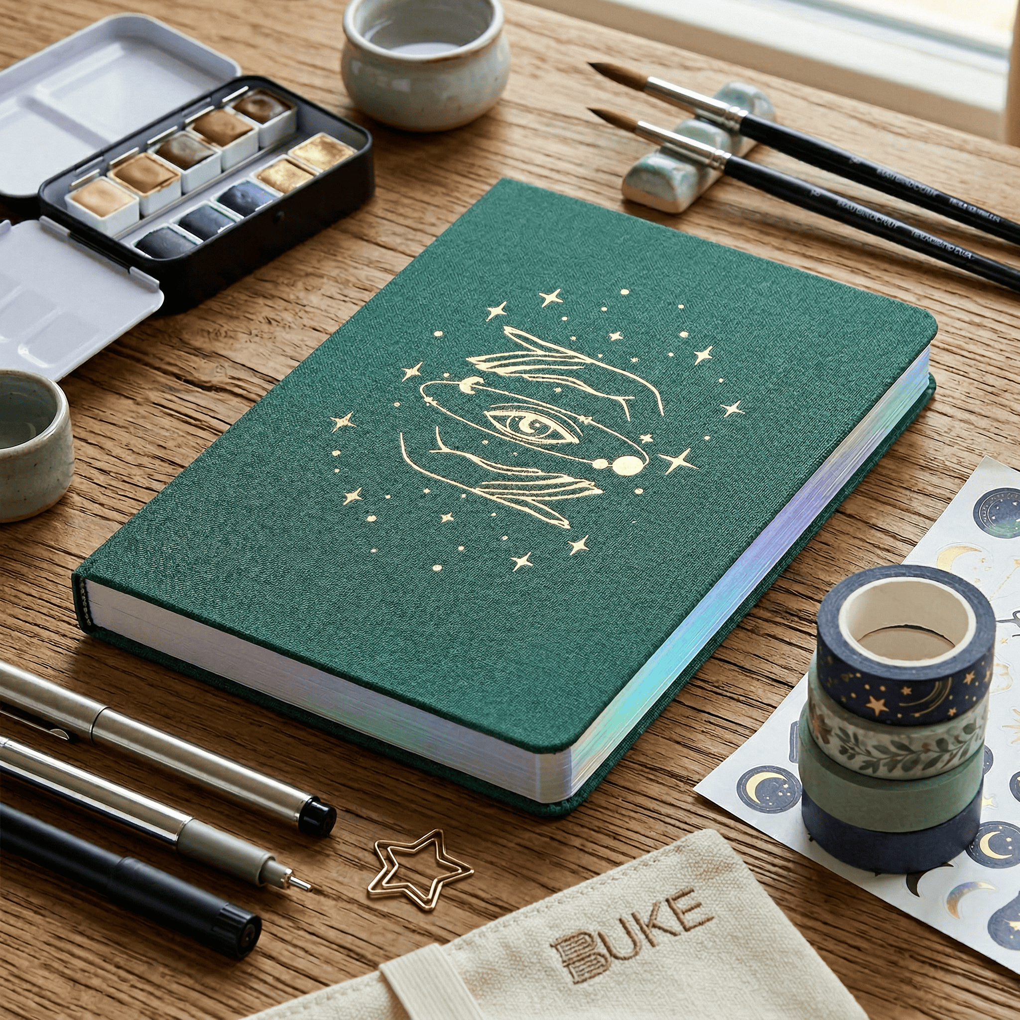Army green journal with laser silver edge and elastic band