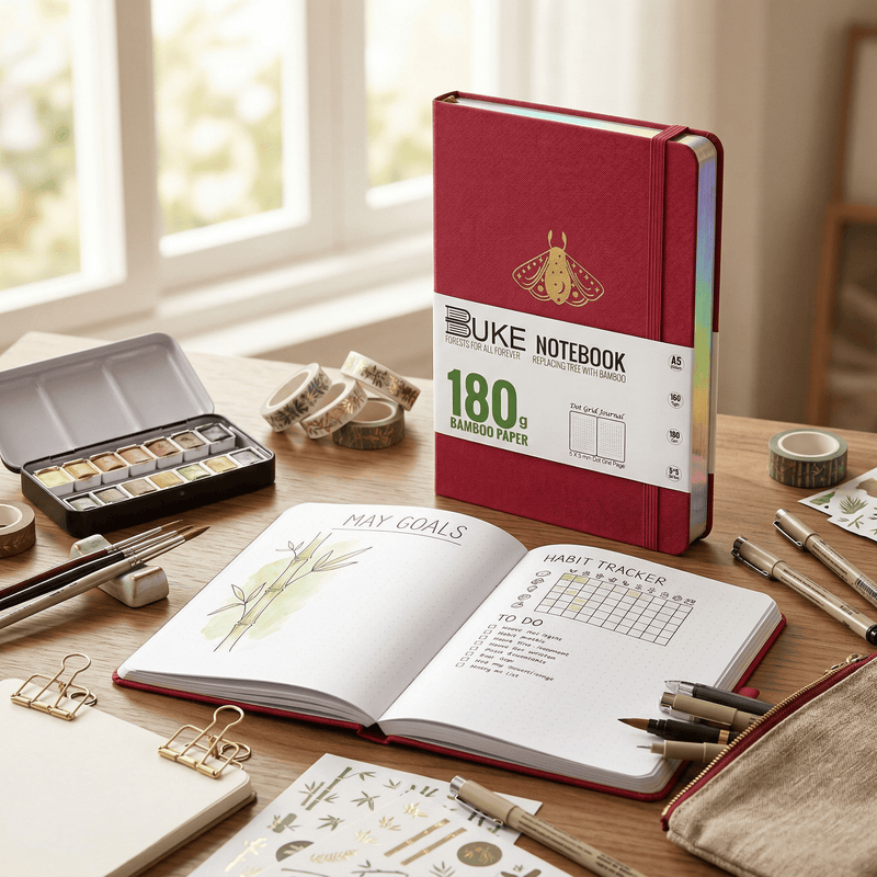 BUKE Crimson Moth Fabric Dot Grid Notebook 180gsm White Paper-zoom-