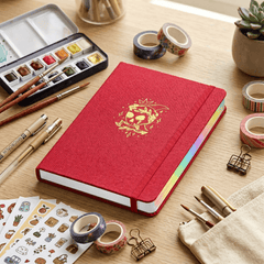 Red fabric journal with laser silver edge and elastic band