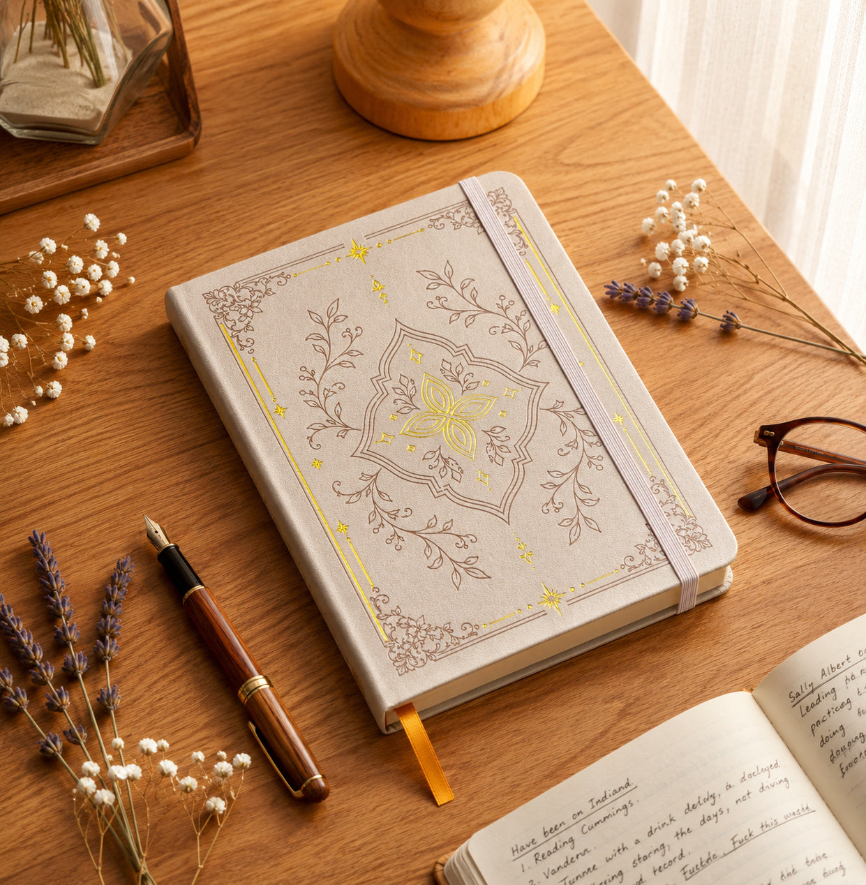 Blush pink A5 botanical gold foil notebook on a wooden desk