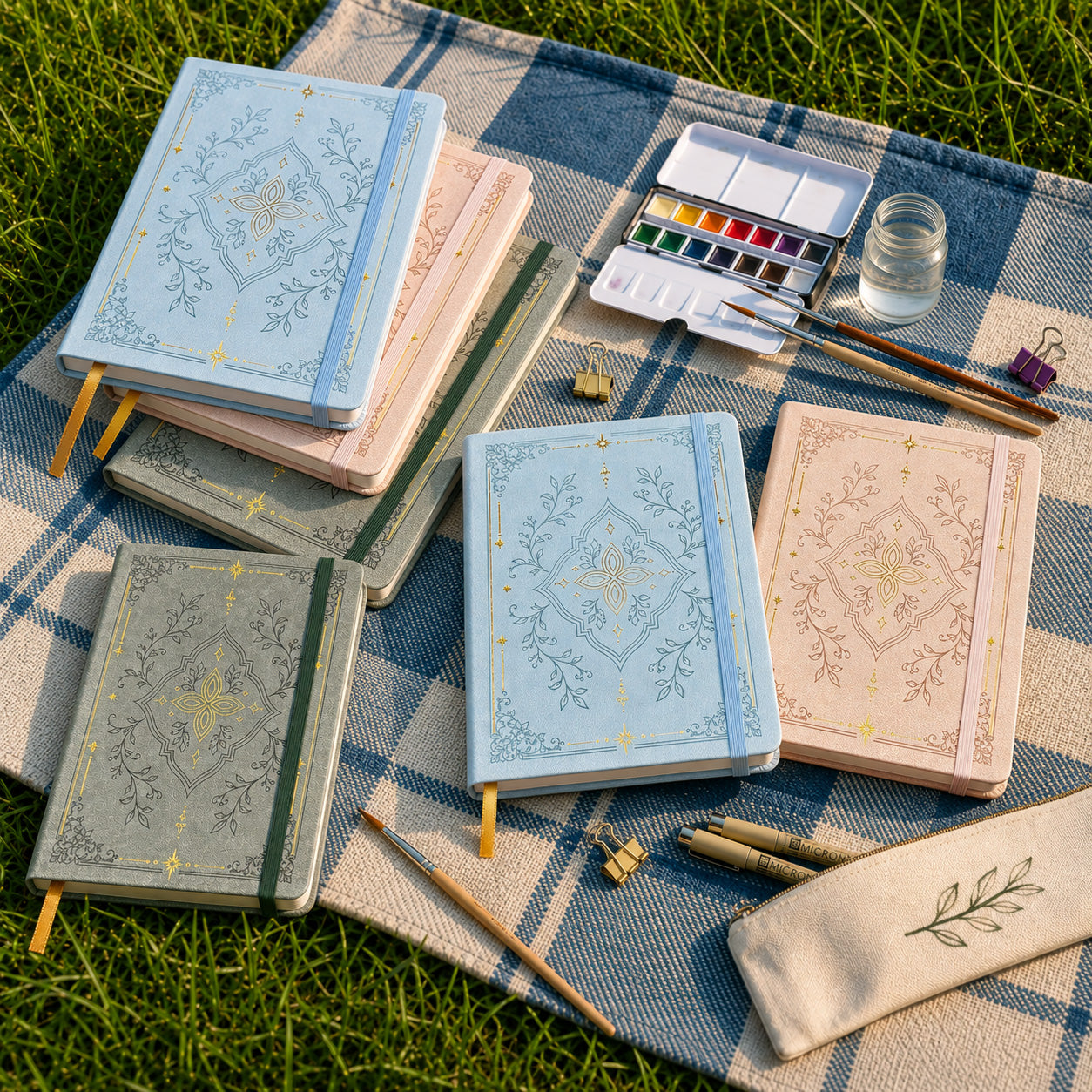 BUKE A5 botanical dot grid notebooks in powder blue blush pink and sage gray