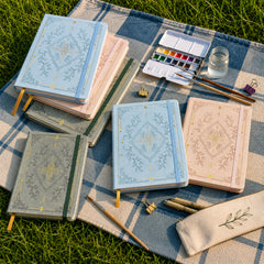 BUKE A5 botanical dot grid notebooks in powder blue blush pink and sage gray