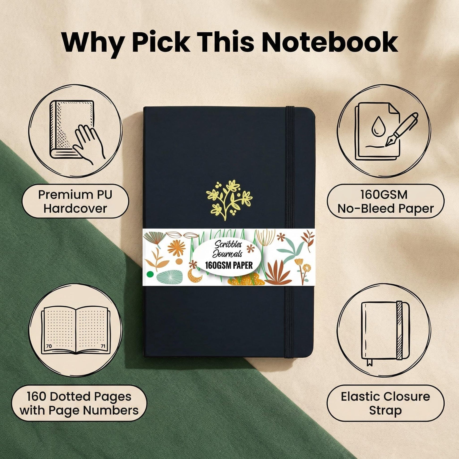 Premium black A5 notebook with 160gsm thick paper