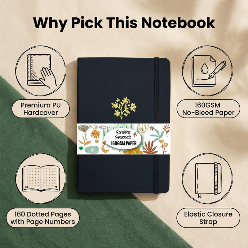 BUKE A5 Dotted Notebook Black PU Cover with Gold Floral Design-zoom-