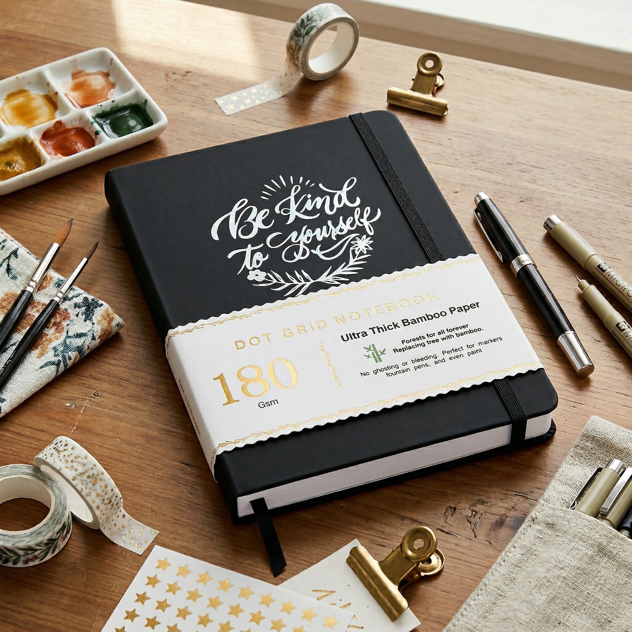 Black dot grid journal with 180gsm white paper and silver edge
