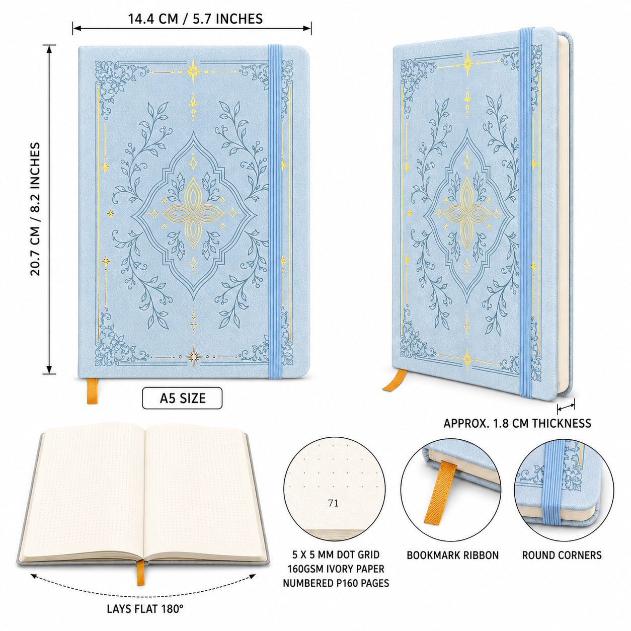 A5 dot grid notebook dimensions 160 GSM ivory paper and 160 numbered pages