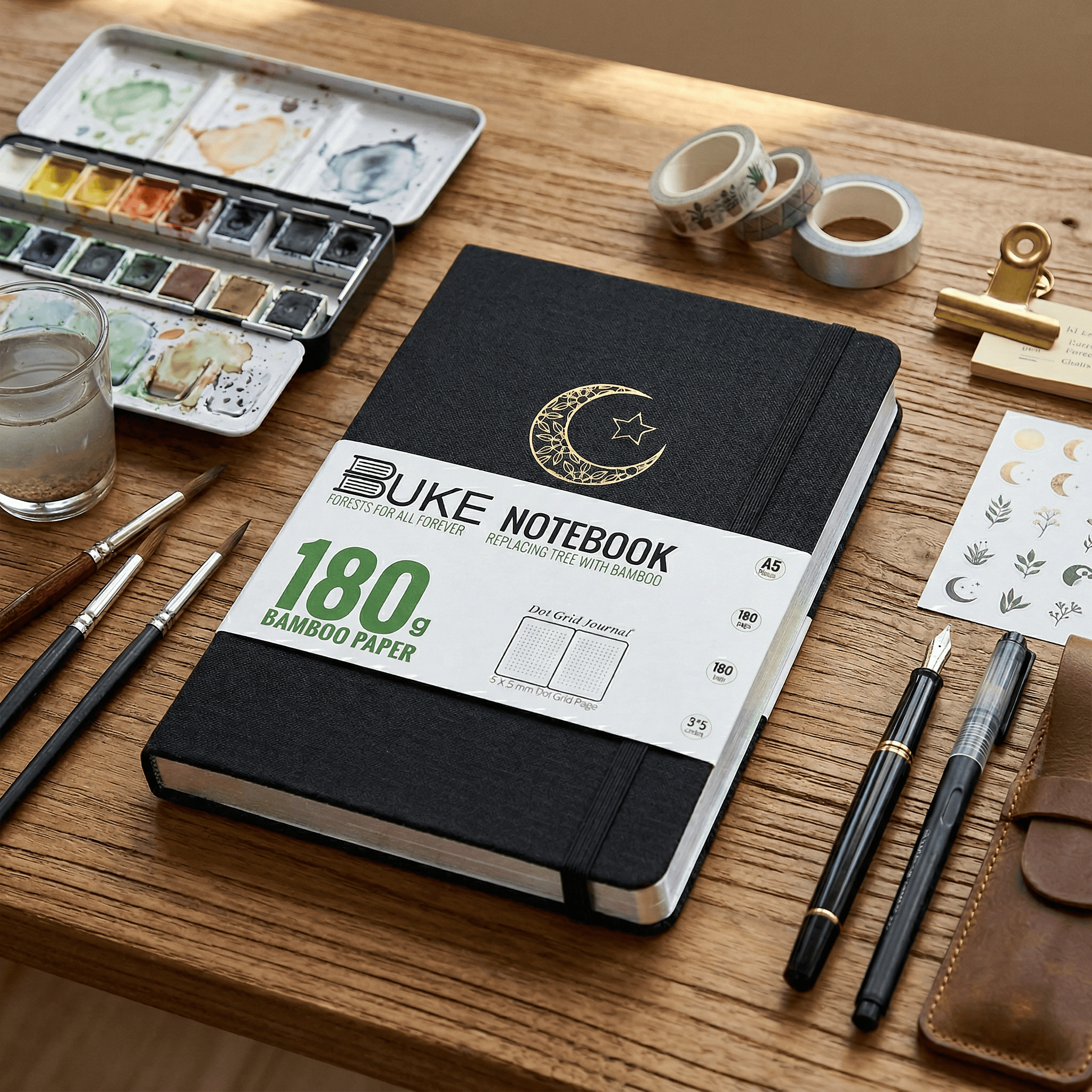 BUKE A5 dot grid notebook with Moon & Star foil logo