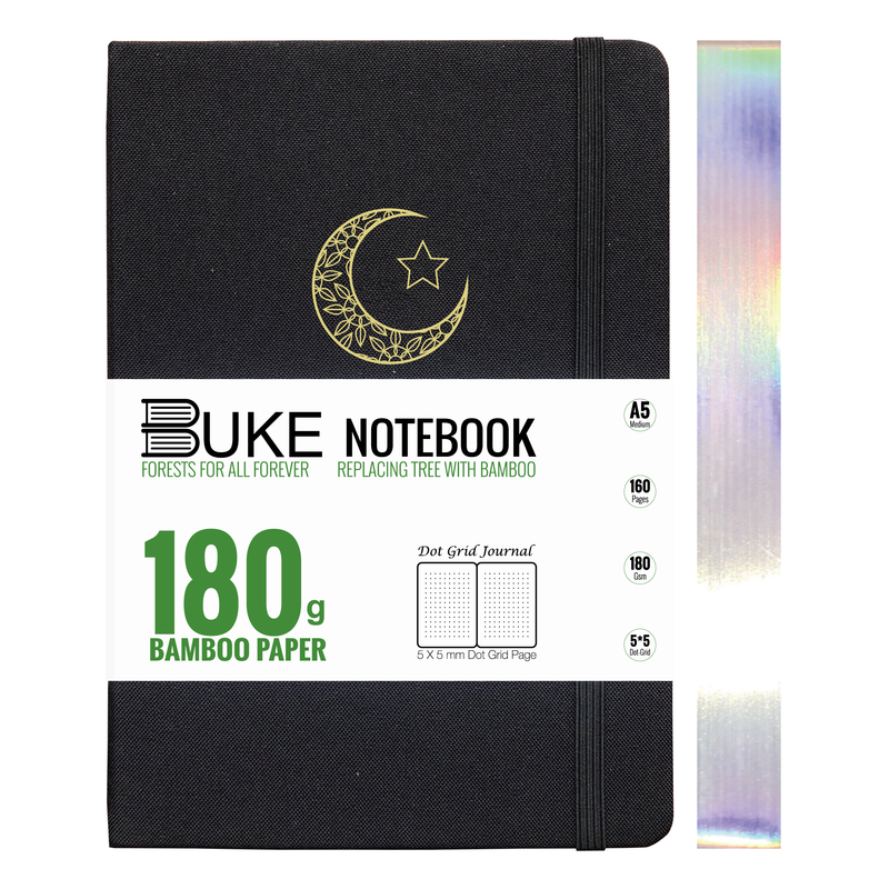 BUKE A5 Dot Grid Notebook – Moon & Star Logo, 180gsm White Paper, Silver Edge-zoom-