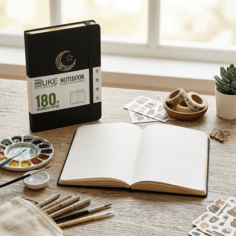 BUKE A5 Dot Grid Notebook – Moon & Star Logo, 180gsm White Paper, Silver Edge-zoom-