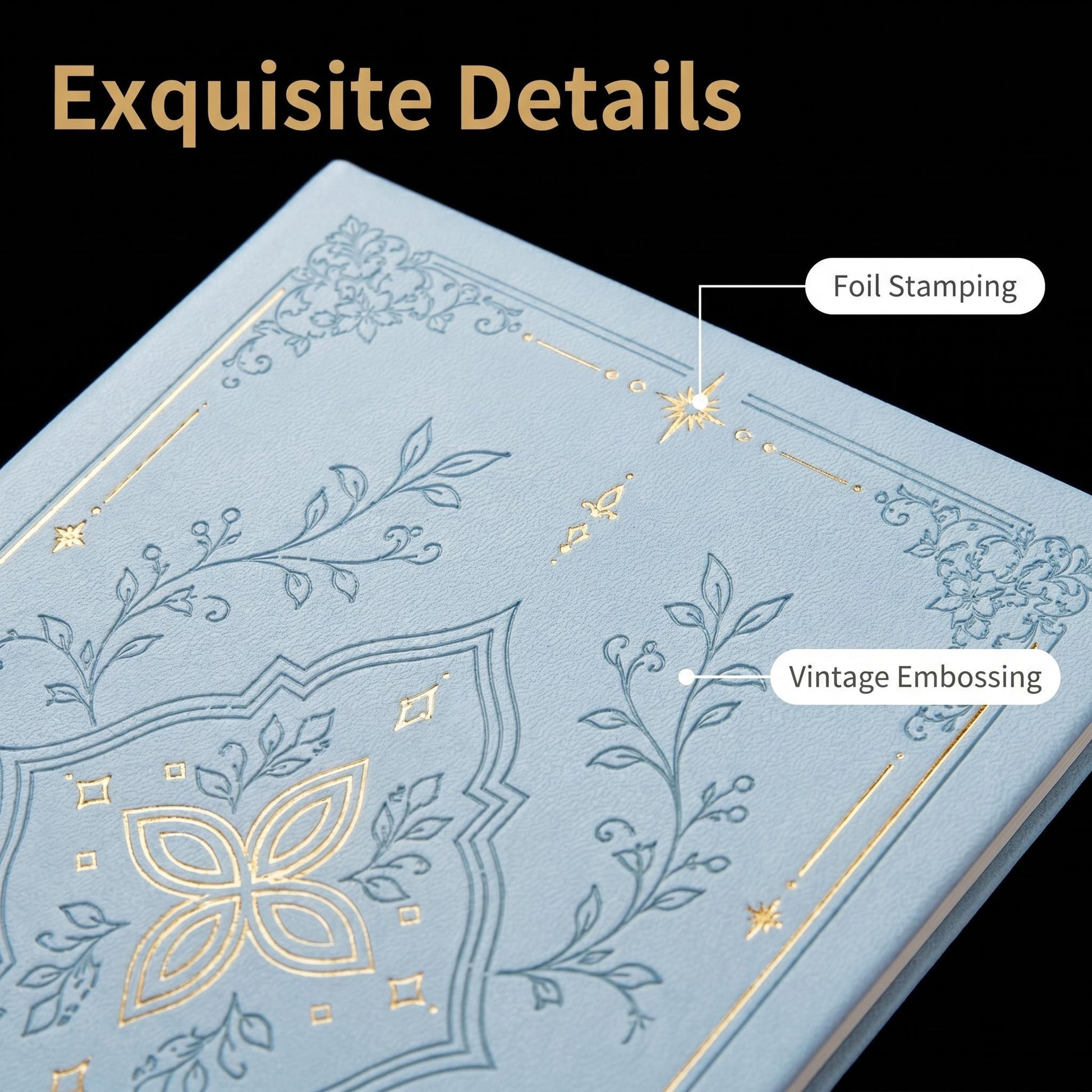 Gold foil stamping and vintage embossing detail on A5 notebook cover