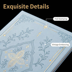 Gold foil stamping and vintage embossing detail on A5 notebook cover