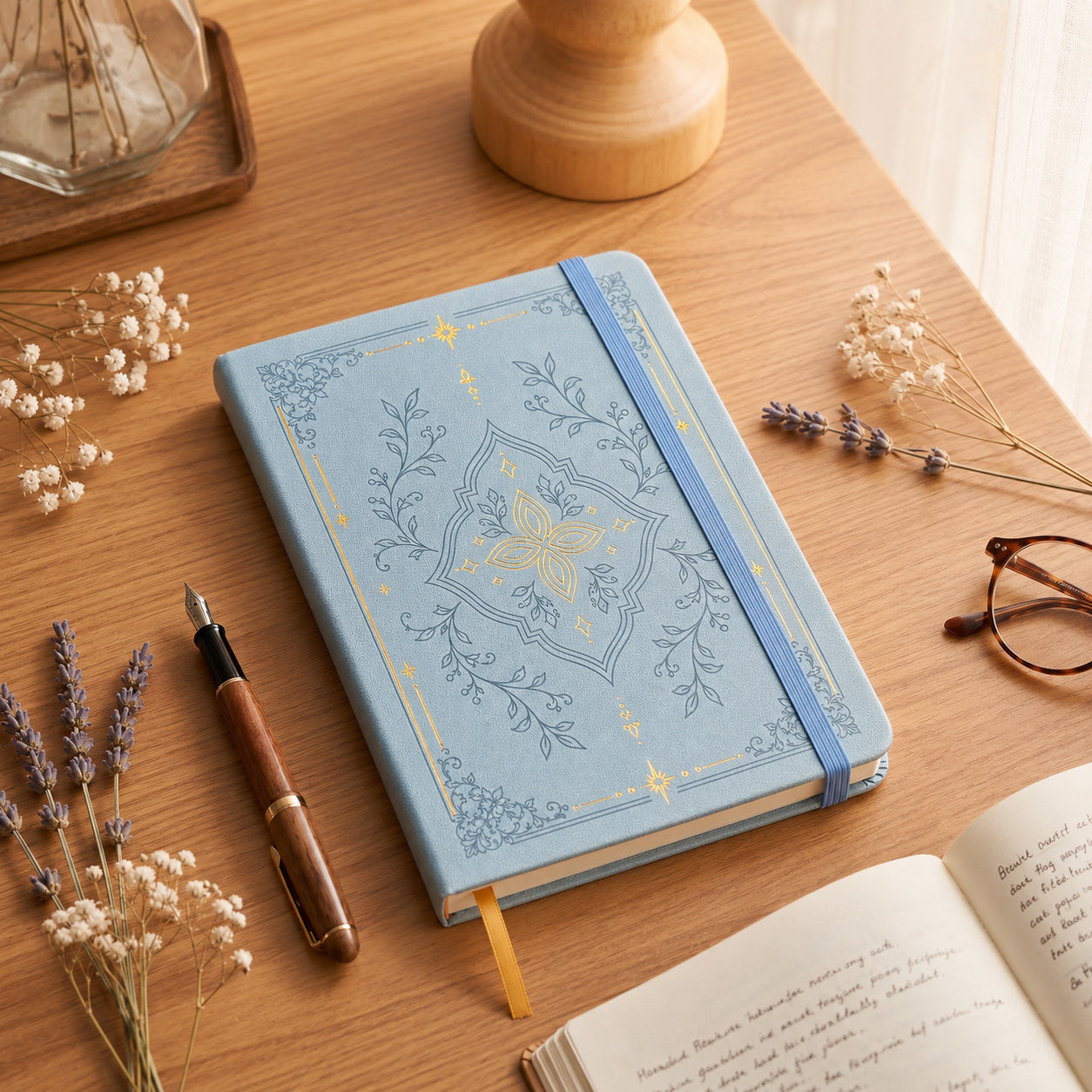 Powder blue A5 botanical gold foil notebook on a wooden desk