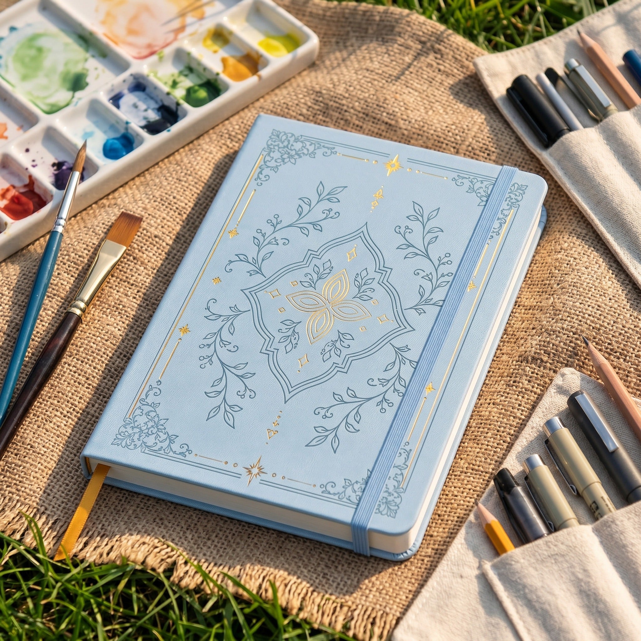 Powder blue A5 dot grid notebook in a creative outdoor scene