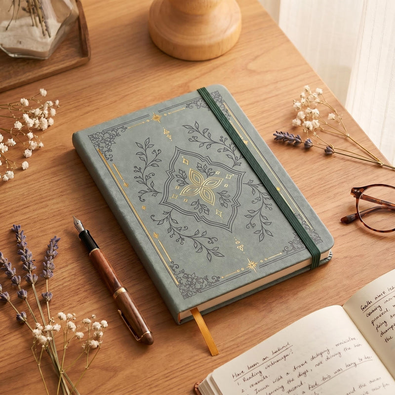 BUKE A5 Vintage Botanical Gold Foil Dot Grid Notebook – 160 GSM, 160 Numbered Pages-zoom-